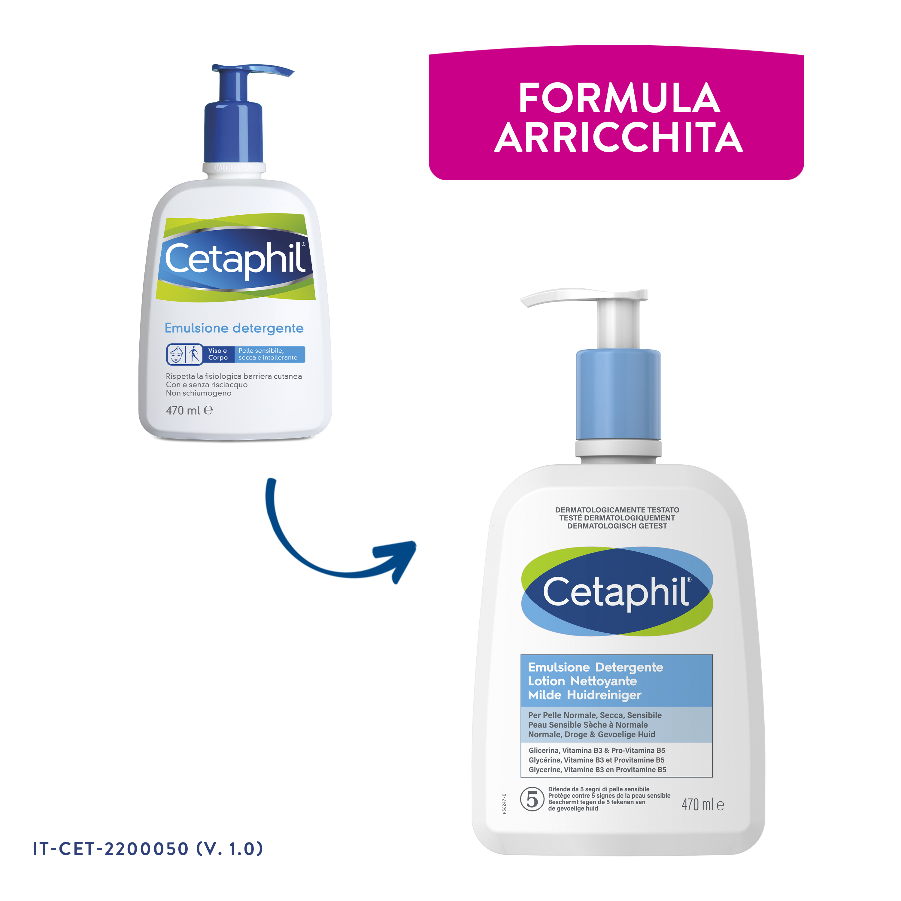 Cetaphil Emulsione Detergente Viso e Corpo, per Pelle Normale, Sensibile, Secca e Intollerante, Senza Profumo, Formato 470 ml
