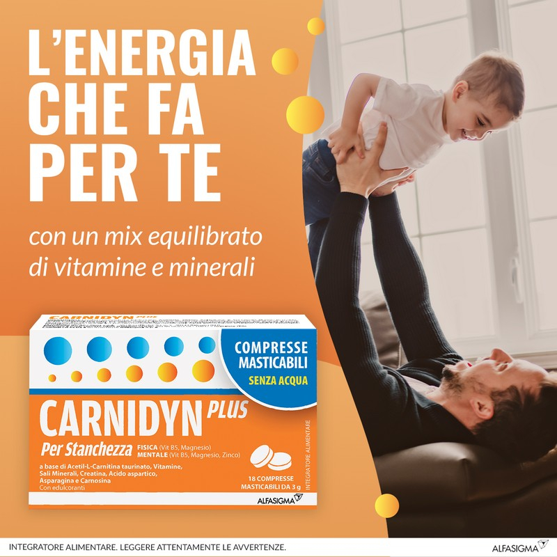 Carnidyn Plus Integratore Alimentare a base di Sali minerali, Carnitina, vitamine, per Stanchezza Mentale e Fisica, utile in caso di spossatezza, 18 Compresse Masticabili Senza Acqua da 3g, Gusto Agrumi