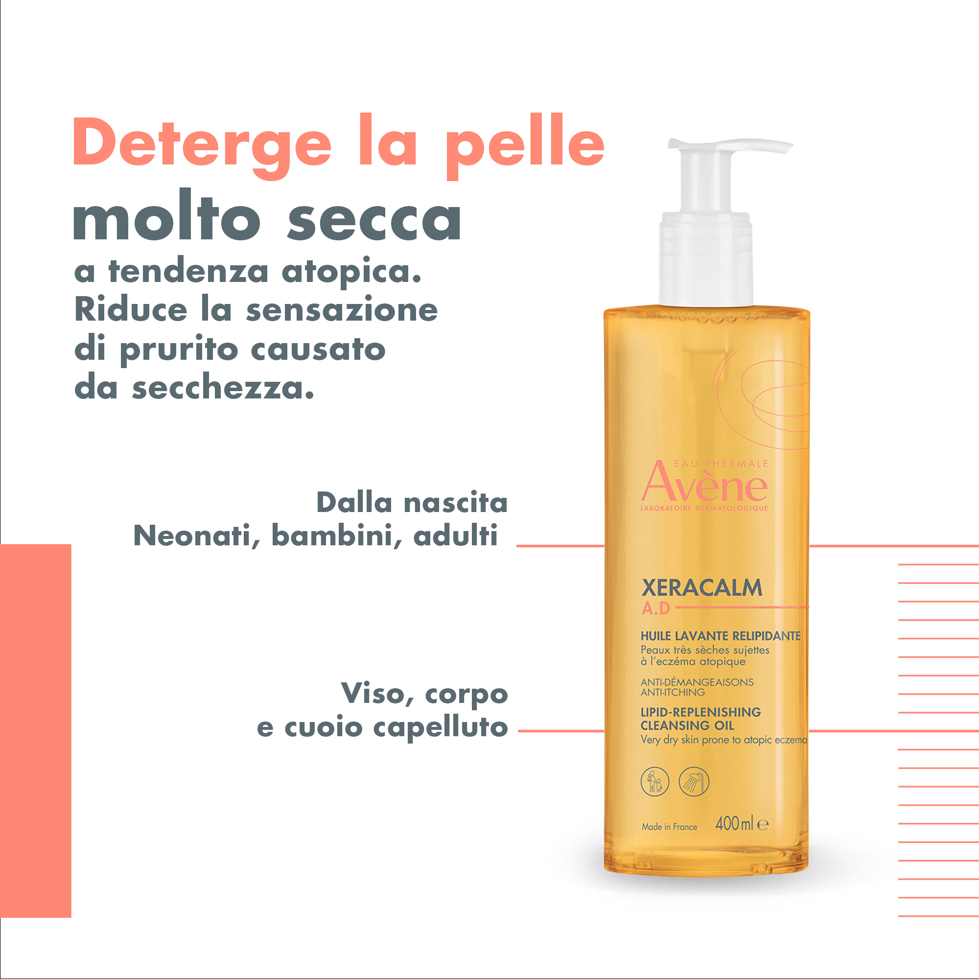 Eau Thermale Avène Xeracalm A.D Olio Detergente Liporestitutivo, pelle secca a tendenza atopica, 400ml 