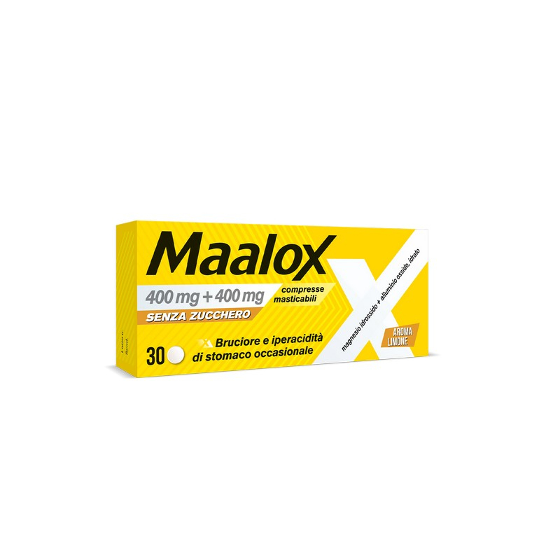 Maalox 400+400 MG, contro acidità di stomaco occasionale, 30 cpr senza zucchero