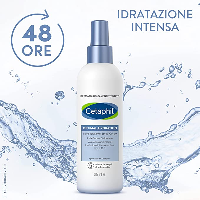 Cetaphil Optimal Hydration Siero Idratante Spray Corpo, per Pelle Secca e Sensibile, Idratazione Intensa per 48 Ore, Formato 207 ml