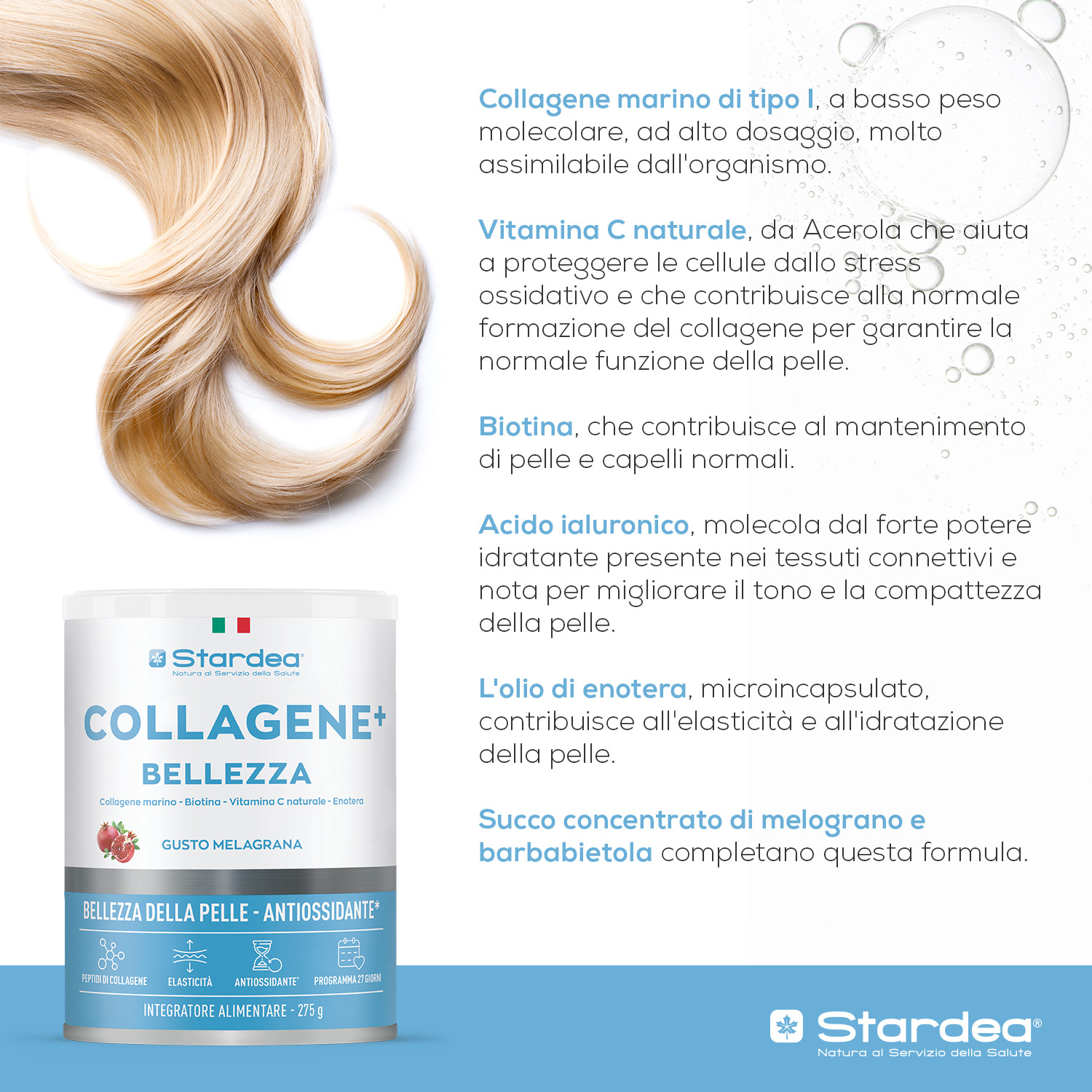 STARDEA COLLAGENE + BELLEZZA POLVERE - INTEGRATORE ALIMENTARE A BASE DI Collagene marino  e Acido ialuronico per la BELLEZZA DELLA PELLE - POLVERE 275 GR.