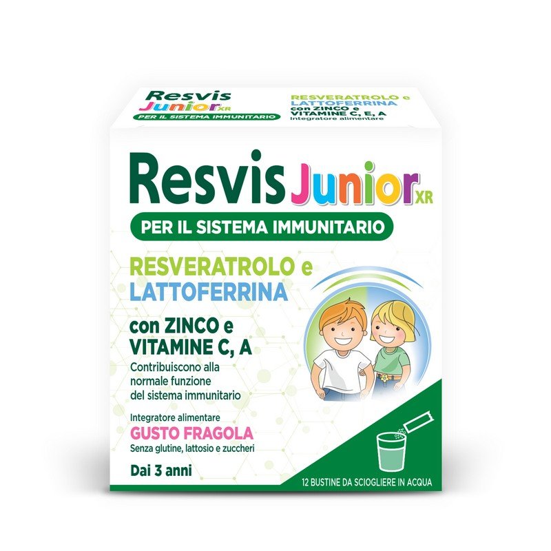 Resvis Junior Xr, Integratore Alimentare di Resveratrolo e Lattoferrina, per il Benessere del Sistema Immunitario, utile per le difese immunitarie dei bambini dai 3 Anni, Senza Glutine, Lattosio e Zuccheri, 12 Bustine , Gusto Fragola