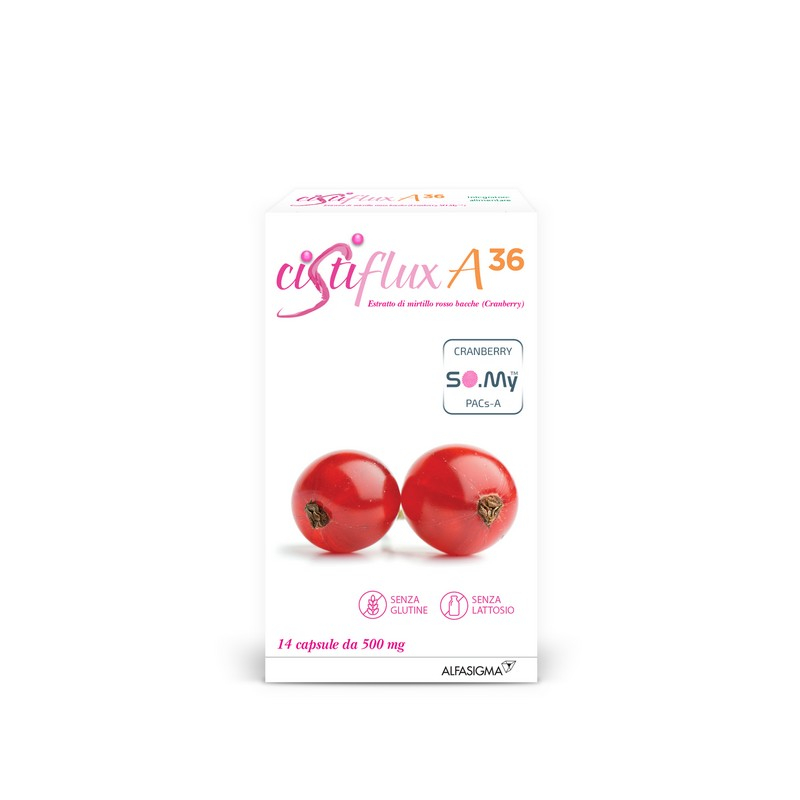 Cistiflux A36, Integratore Alimentare a Base di Estratto di Mirtillo Rosso Bacche, Cranberry Americano, che Favorisce la Fisiologica Funzionalità delle Vie Urinarie, utile in caso di cistite, 14 Capsule Deglutibili