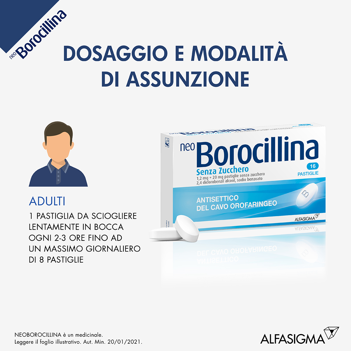 Neoborocillina Senza Zucchero 1,2mg + 20mg Antisettico 16 Pastiglie mal di gola