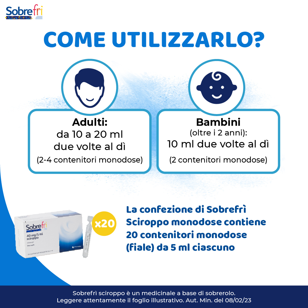 SOBREFRI SCIROPPO MUCOLITICO TOSSE GRASSA SENZA ZUCCHERO 2 ANNI+  20 FLACONCINI 40 MG/5 ML 