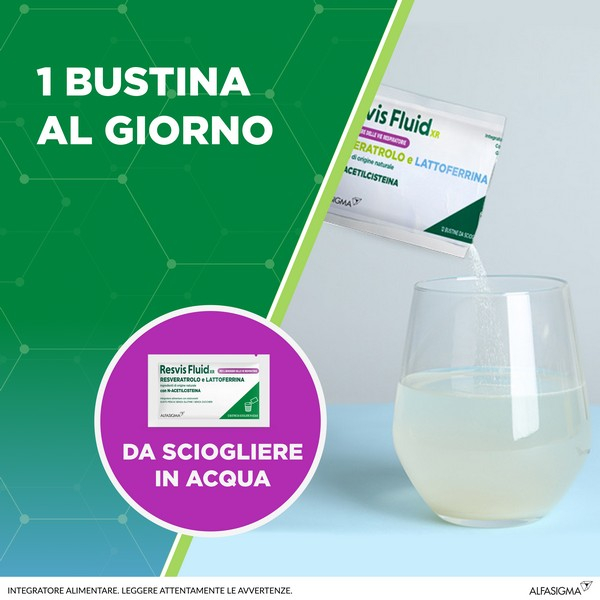 Resvis Fluid XR, Integratore Alimentare di Resveratrolo e Lattoferrina, utile per rinforzare le difese immunitarie e per il benessere delle vie respiratorie, fluidificante, con N-Acetilcisteina, Senza Glutine e Zuccheri, 12 Bustine, Gusto Pesca