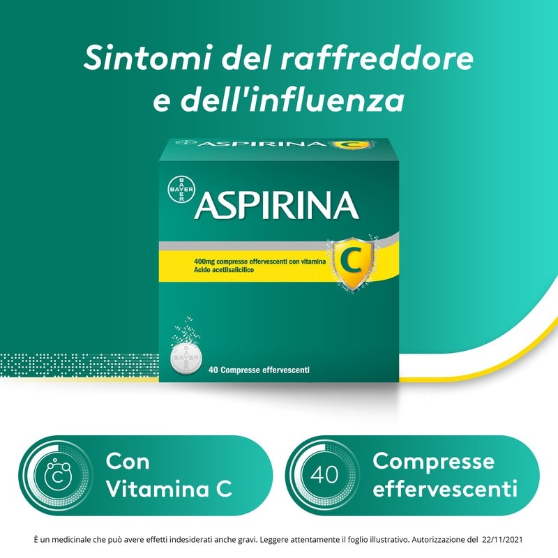 Aspirina C, contro sintomi di Raffreddore, Influenza e Febbre, 400 mg di Acido Acetilsalicilico + 240 mg di Vitamina C, antinfiammatorio e analgesico, 40 Compresse Effervescenti