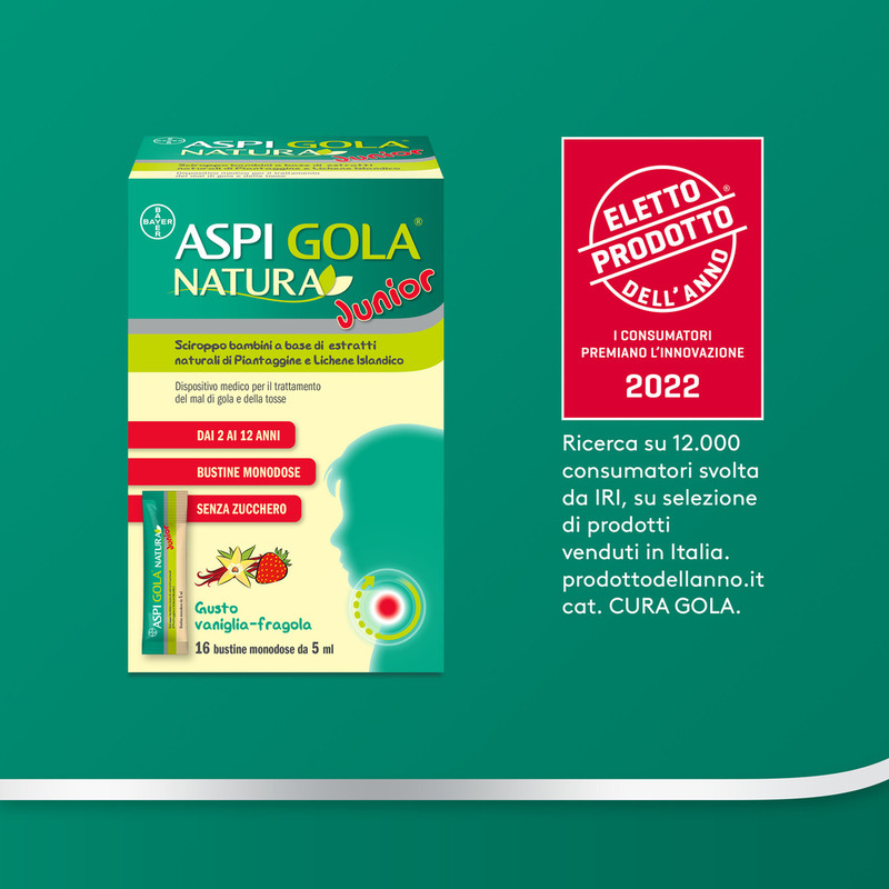 Aspi Gola Natura Junior Sciroppo per bambini, a base di estratti naturali, contro Mal di Gola e Tosse associata, Gusto Vaniglia e Fragola, 16 Bustine Monodose da 5ml
