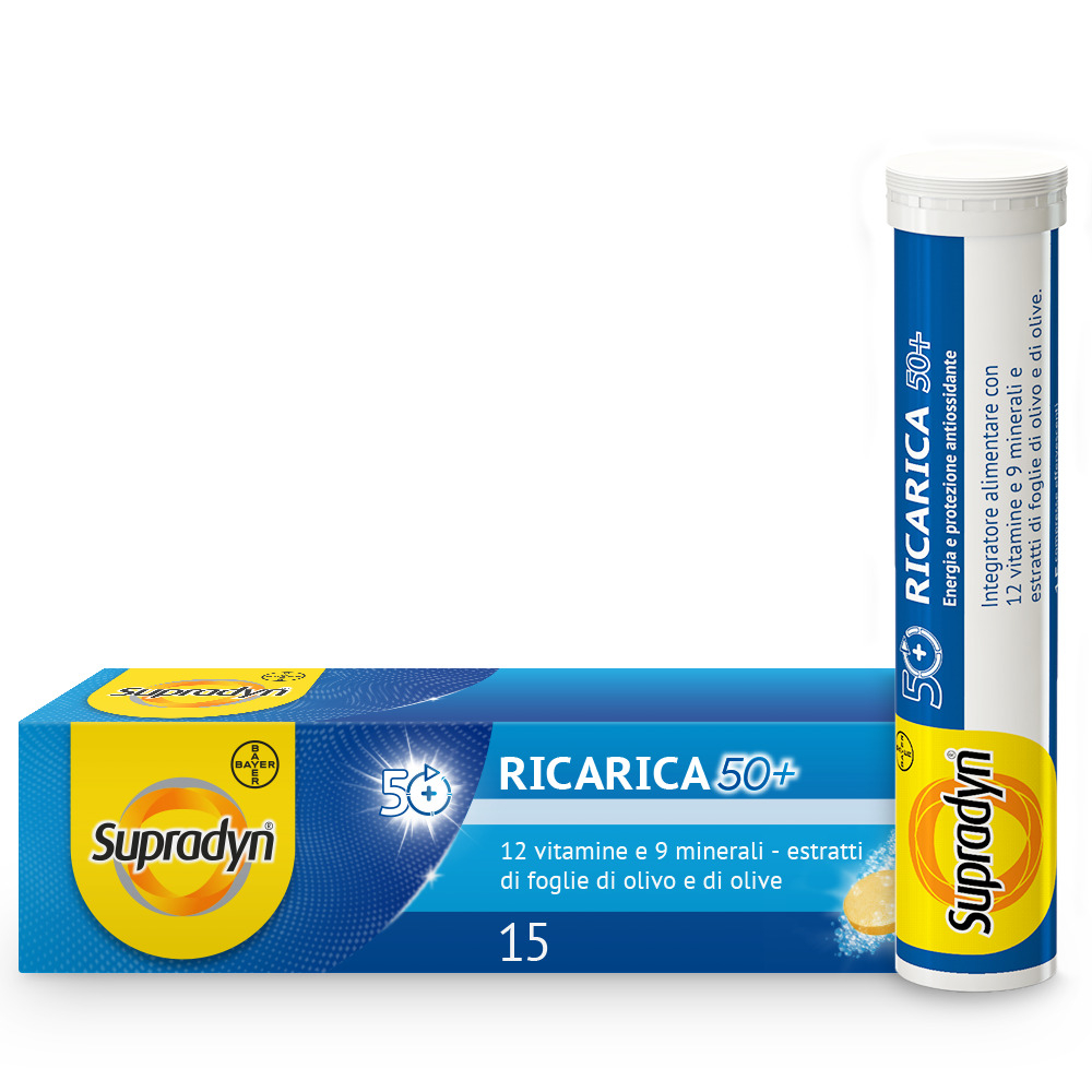 Supradyn Ricarica 50+ Integratore Multivitaminico con Vitamina C, Vitamina D, Minerali, Antiossidanti contro Stanchezza Fisica e invecchiamento, Gusto Arancia, 15 Compresse Effervescenti