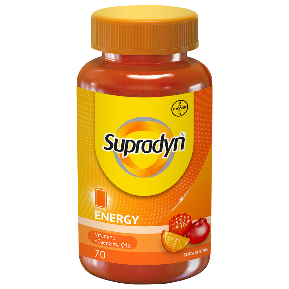 Supradyn Energy Integratore Multivitaminico con Vitamine A, B, C, D, E e Coenzima Q10  contro la Stanchezza, Gusto Ciliegia, Lampone e Arancia, 70 Caramelle Gommose