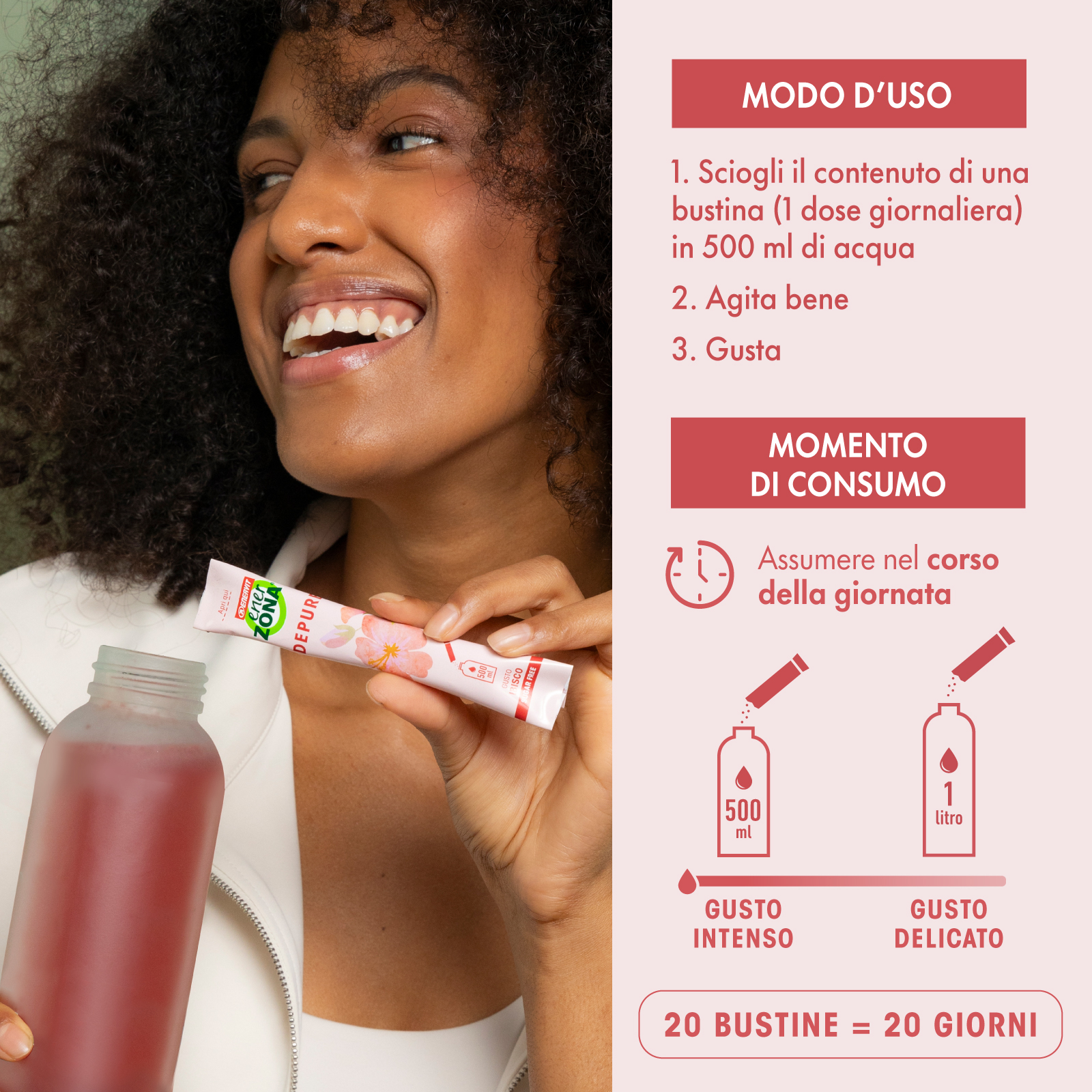 ENERZONA CARE DEPURE per il drenaggio dei liquidi, ad azione antiossidante e depurativa - 20 BUSTINE