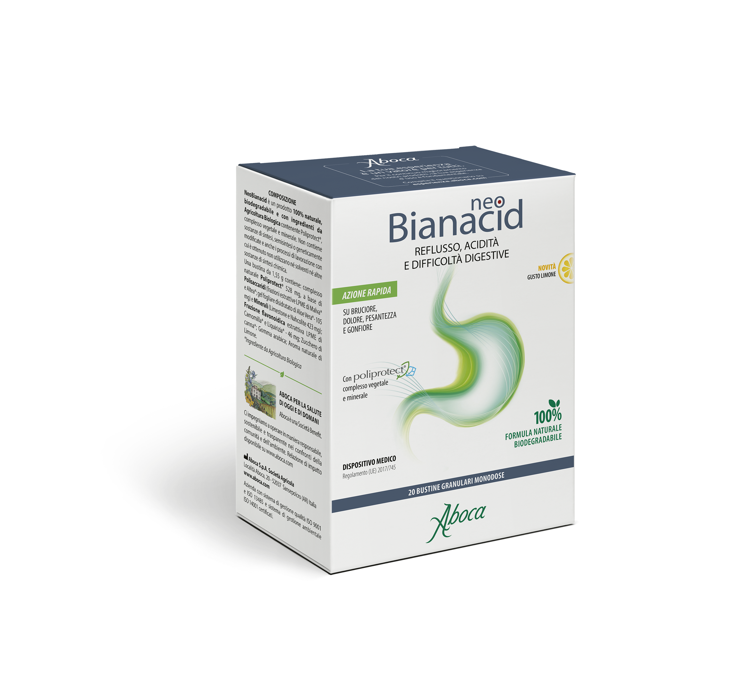 Aboca - NeoBianacid 20 Bustine Gusto Limone Per Reflusso, Acidità E Difficoltà Digestive - Dispositivo Medico Classe III