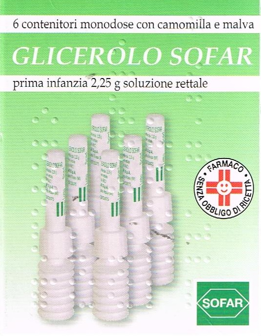 Glicerolo Sofar 2,25g Prima Infanzia Soluzione Rettale 6 Contenitori Monodose Con Camomilla e Malva