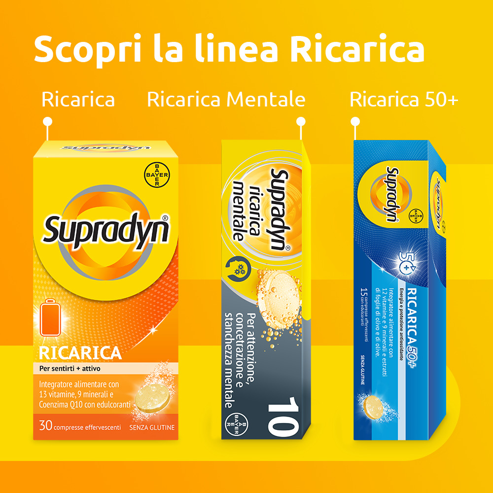 Supradyn Ricarica Integratore Multivitaminico Completo con Vitamine A, B, C, D, E, K, Minerali e Coenzima Q10 contro la Stanchezza, Gusto Arancia, 30 Compresse Effervescenti