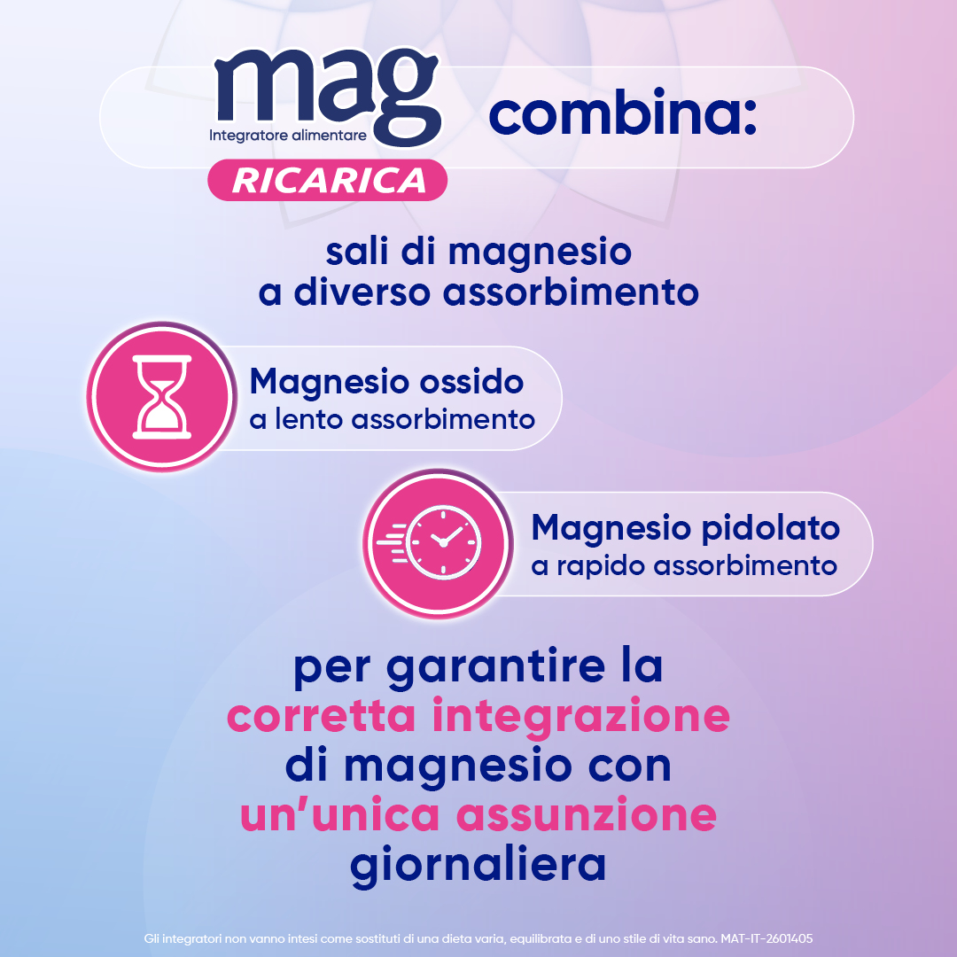 Mag Ricarica 24 Bustine - Integratore Con Magnesio Pidolato, Magnesio Ossido e Vitamina B6 Contro Stanchezza Mentale E Fisica