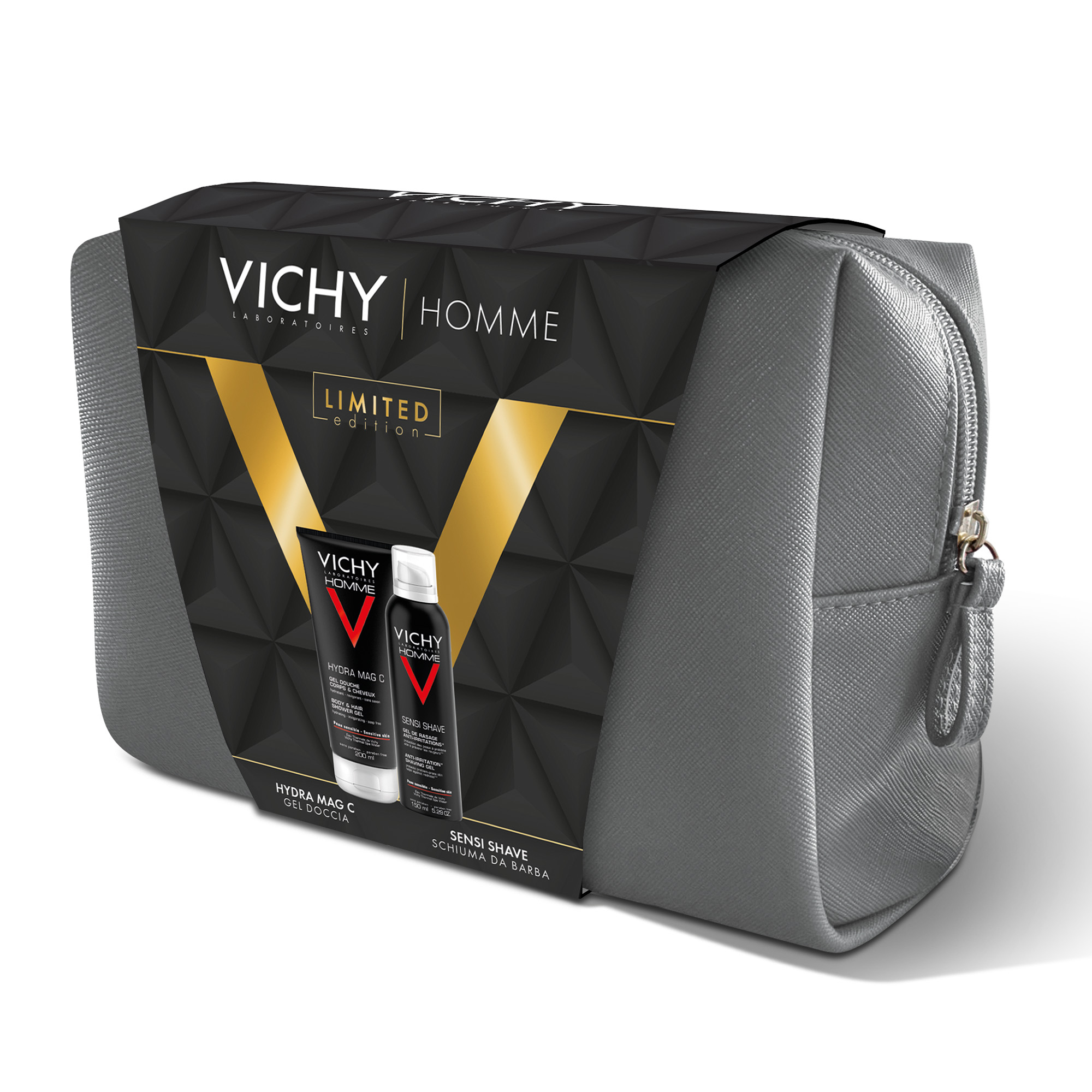 Vichy Pochette Regalo da Uomo per le esigenze specifiche della pelle maschile con Gel Doccia Hydra Mag C  200 ml + Schiuma Da Barba Sensi Shave  200 ml