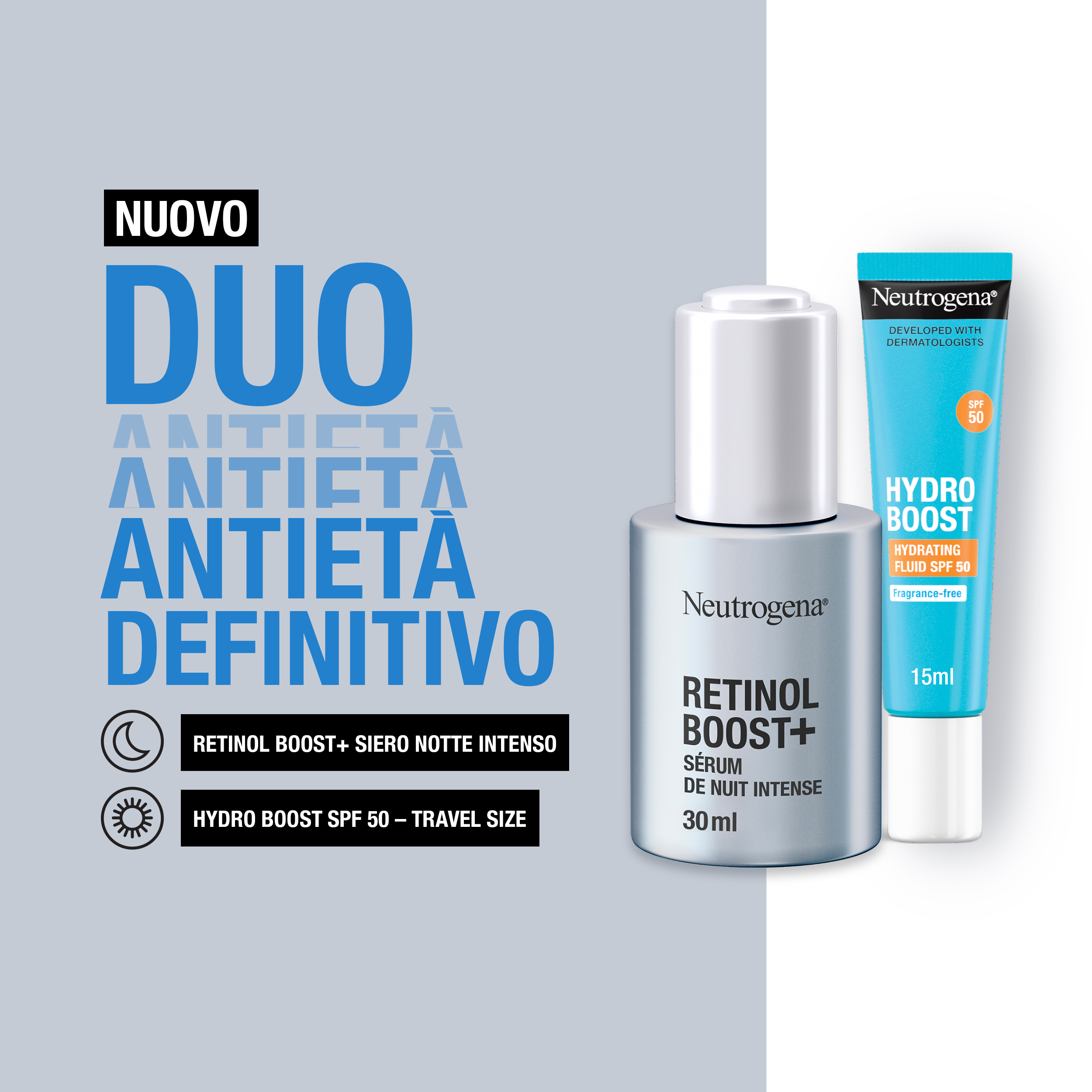 Neutrogena Duo Anti-Età e Protezione Retinol Boost Siero 30 ml +  Hydro Boost Fluido SPF50 15 ml