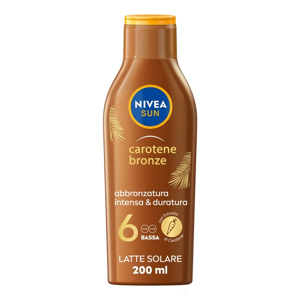Nivea Sun Latte Solare Carotene Bronze FP6 200 ml, Crema solare abbronzante FP6 per una pelle dorata