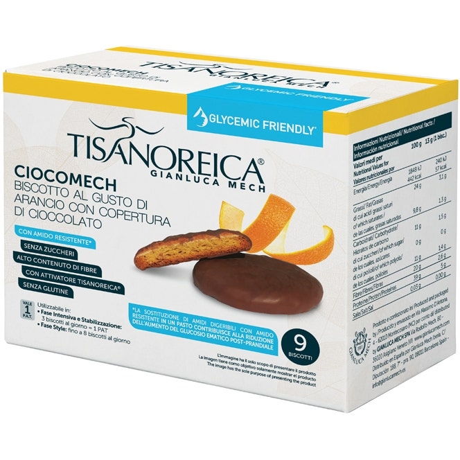 Tisanoreica CiocoMech - Biscotto Scorza D'Arancio e Cioccolato -GLYCEMIC FRIENDLY - Senza Glutine 9x13g 