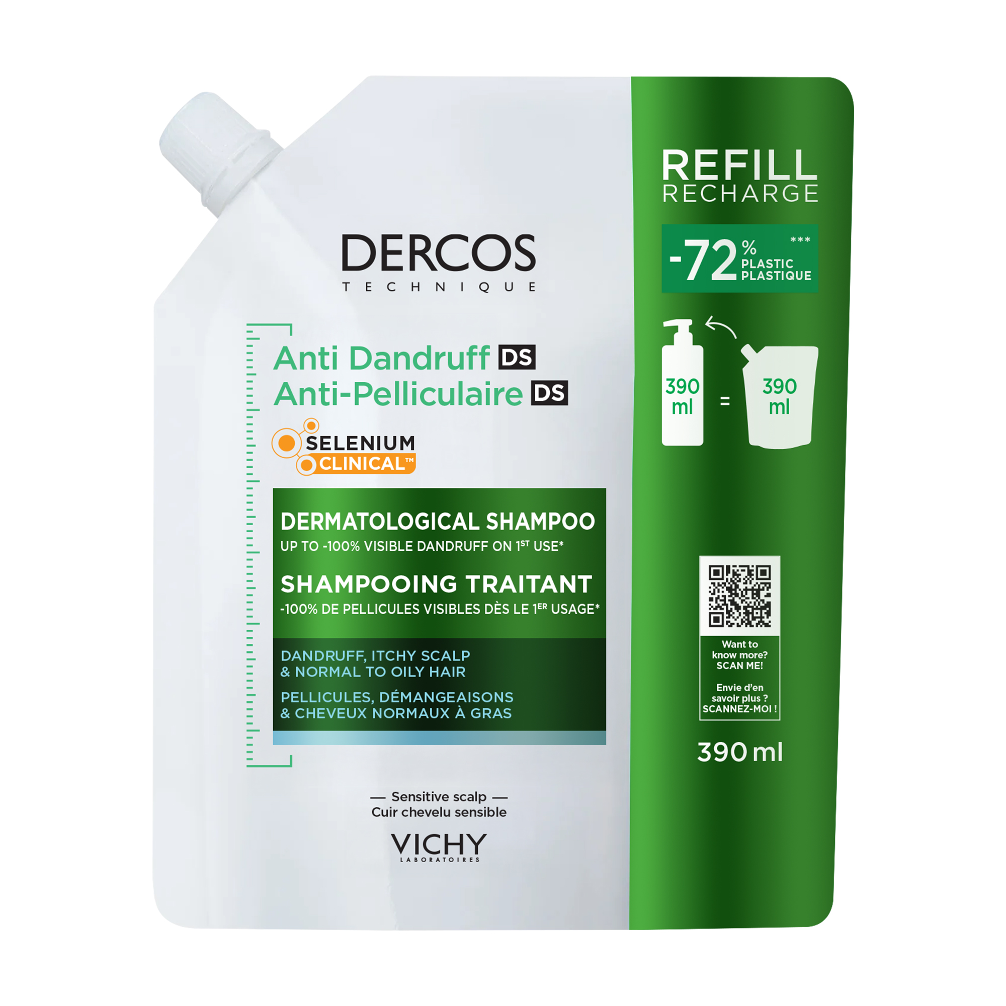 Vichy Dercos Technique - Shampoo Antiforfora Per Capelli Da Normali A Grassi Eco-Ricarica 390 ml
