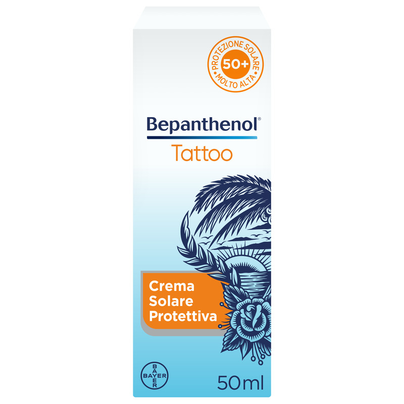 Bepanthenol Tattoo Crema Protezione Solare Molto Alta SPF50+ per Tatuaggio, con Pantenolo, Protegge, Idrata e Rigenera la Pelle Tatuata, 50ml