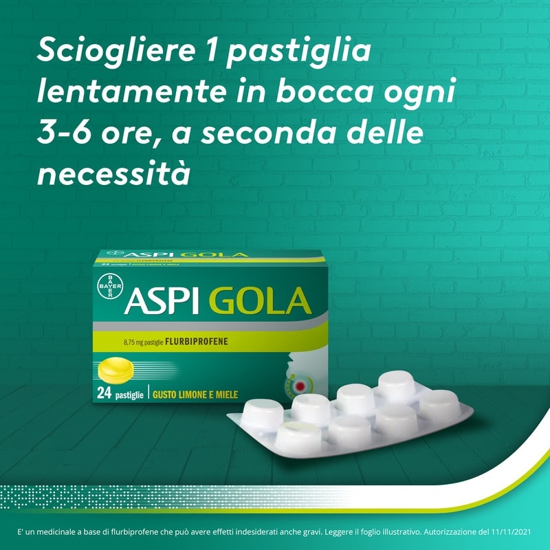 Aspi Gola Pastiglie per la gola infiammata, con 8,75 mg di Flurbiprofene, contro Faringite e Mal di gola, Gusto Limone e Miele 24 Pastiglie Orosolubili