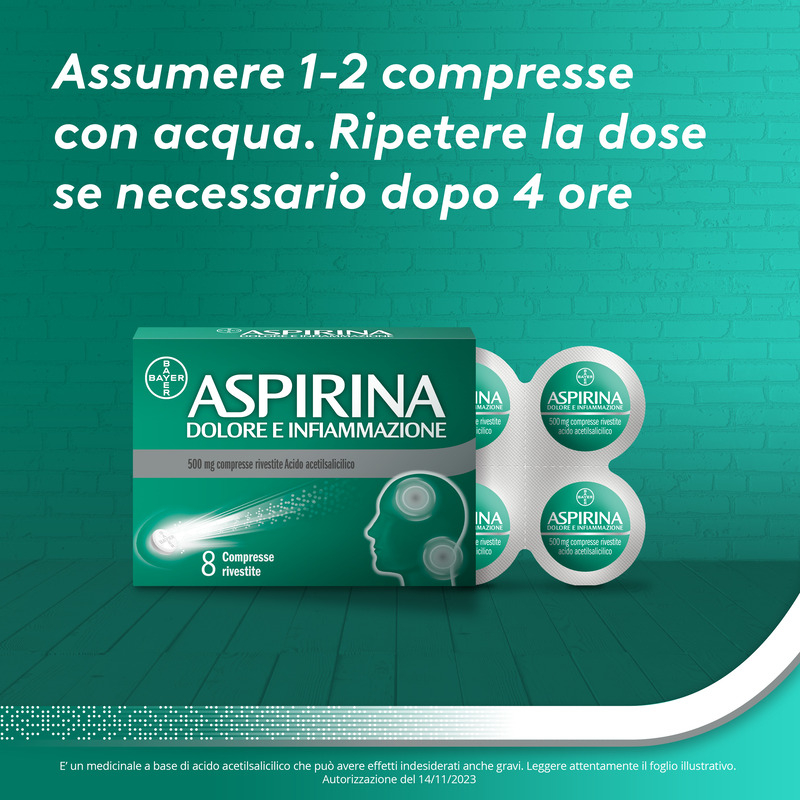 Aspirina Dolore e Infiammazione, Antidolorifico e Antinfiammatorio, contro Dolori Muscolari e Articolari, Cervicale, Mal di Testa, Mal di Schiena, 8 Compresse Rivestite