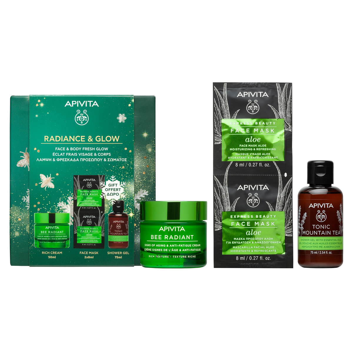 Apivita Radiance & Glow Cofanetto Regalo - Crema Ricca 50 ml + Gel Doccia 75 ml + 2 Maschere Viso Aloe