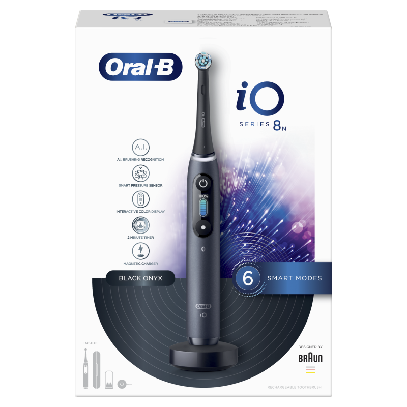 Oral-B iO - 8n - Spazzolino Elettrico Ricaricabile Nero con Tecnologia Magnetica Rivoluzionaria e Display a colori + Custodia da Viaggio Primium