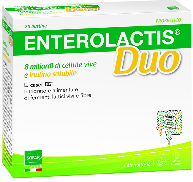 Enterolactis Duo, Integratore Alimentare con Fermenti lattici, probiotici L,Casei DG, 8 Miliardi Cellule Vive, Con Fruttosio, Senza Glutine e Lattosio, 20 Bustine