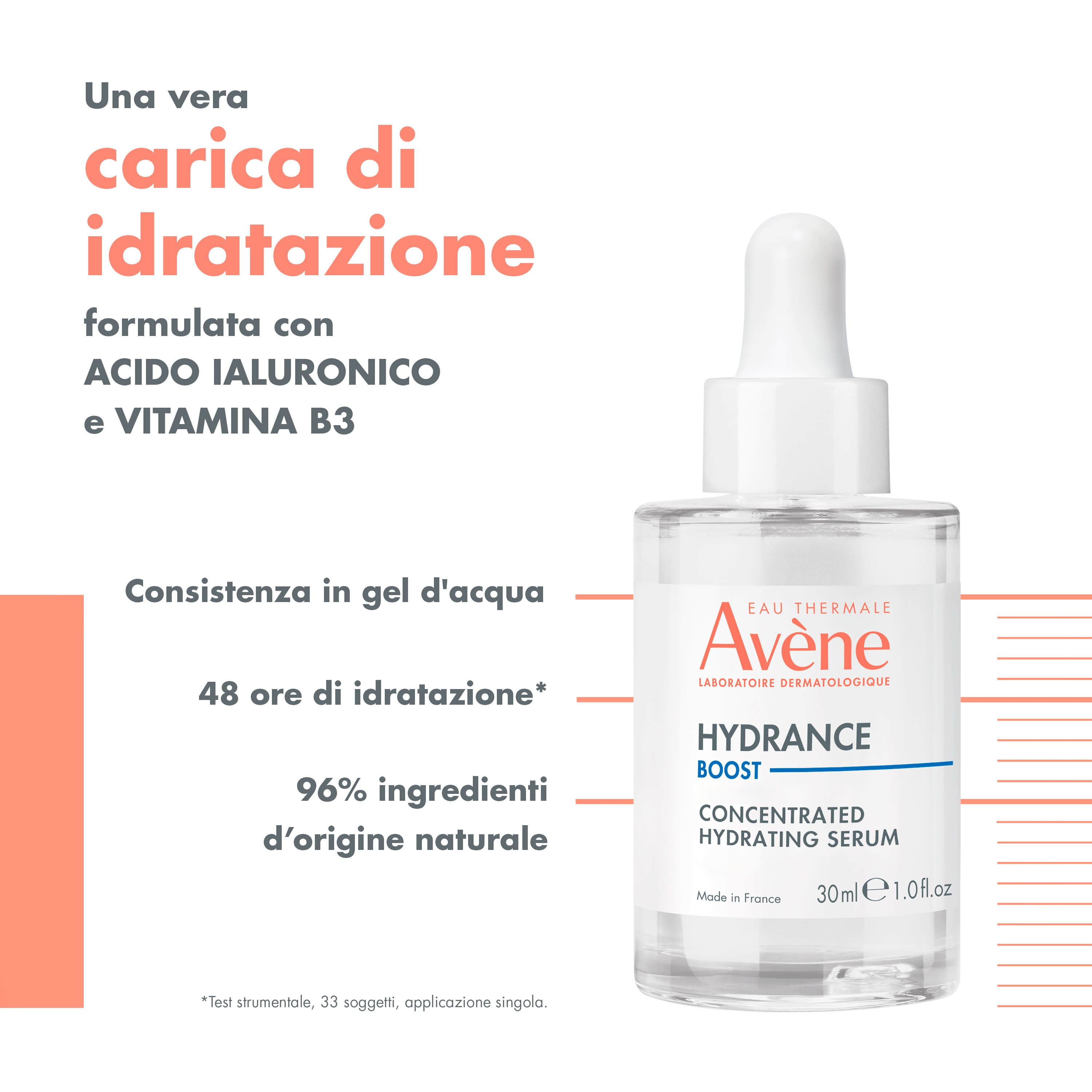 Eau Thermale Avène Hydrance Boost Siero Concentrato Idratante, Idratazione 48h, con Acido Ialuronico, Pelle secca e disidratata, 30ml 