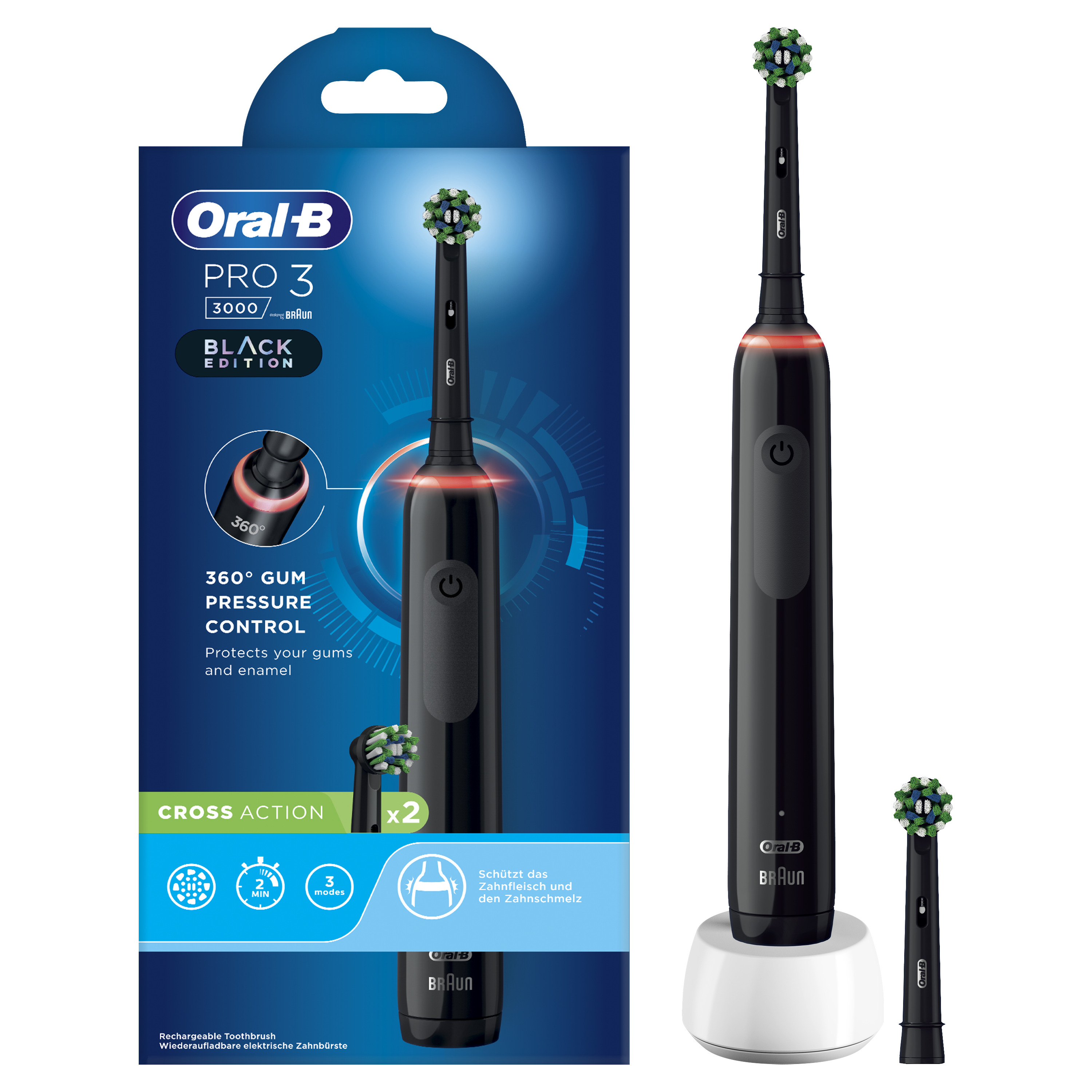 Oral-B Spazzolino Elettrico Ricaricabile Nero Pro3 3000, 2 Testine, 1 Spazzolino