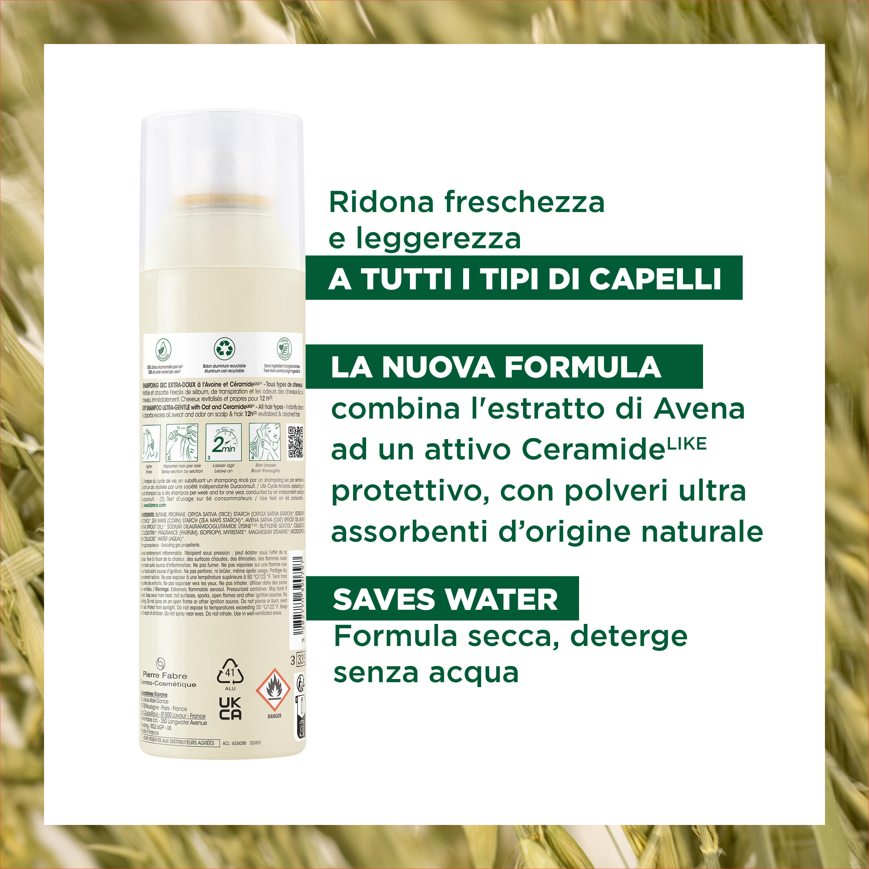 Klorane - Shampoo Secco Extra-Delicato All'Avena & Ceramide Per Tutti I Tipi Di Capelli Spray 150 ml 