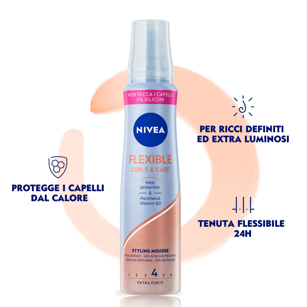 Nivea Styling Mousse Flexible Curls&Care 150 ml, Schiuma per la cura capelli ricci extra forte