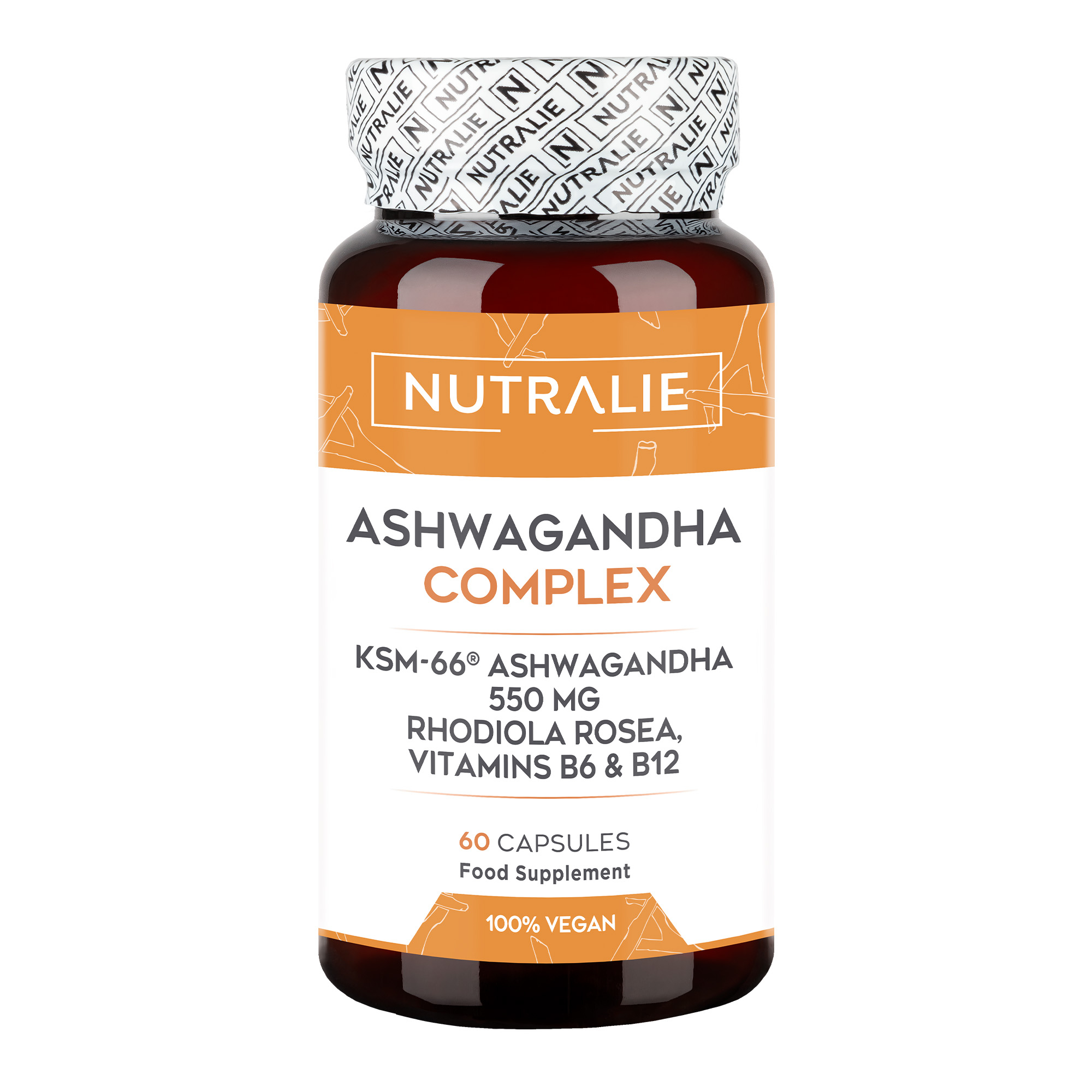 Nutralie Ashwagandha KSM-66 con Vitamina B6 + B12 e Rodiola Ansia 60 Capsule