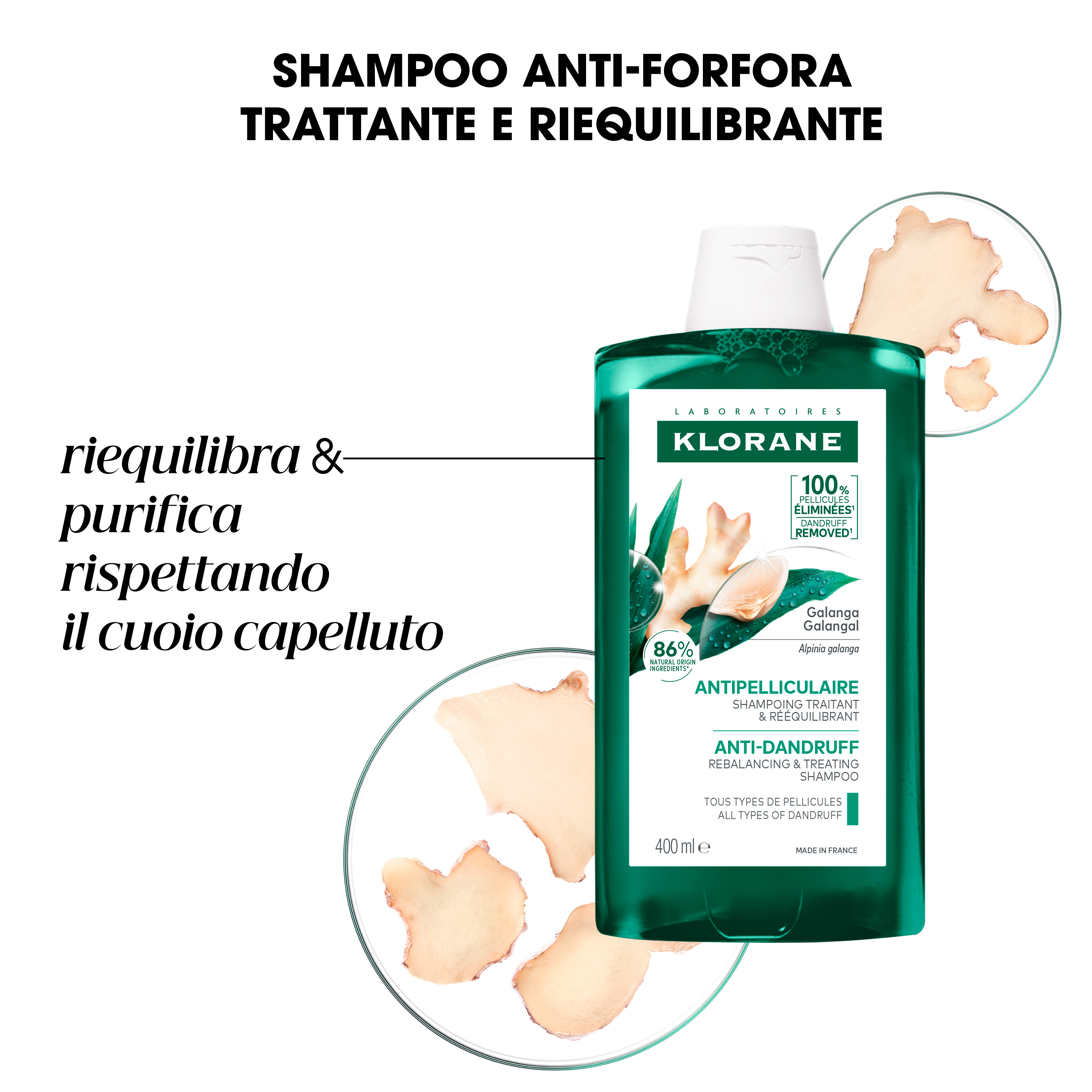 Klorane Anti-Forfora Shampoo trattante e riequilibrante alla Galanga, forfora secca e grassa, 400 ml