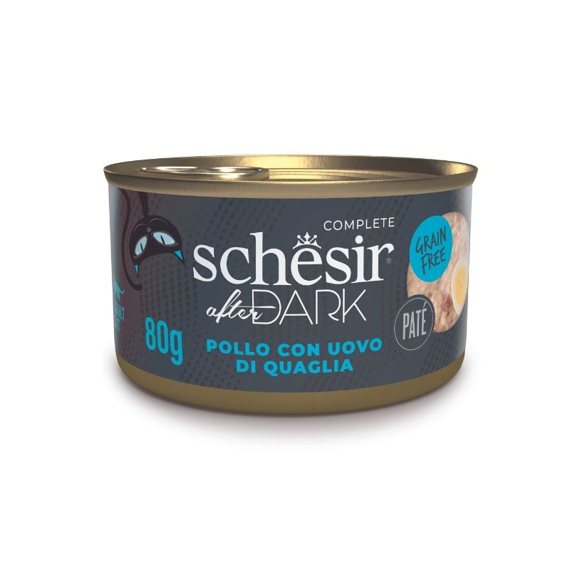 SCHESIR GATTO AFTER DARK GRAIN FREE IN BRODO ADULT POLLO UOVA DI QUAGLIA 80GR (lattina)