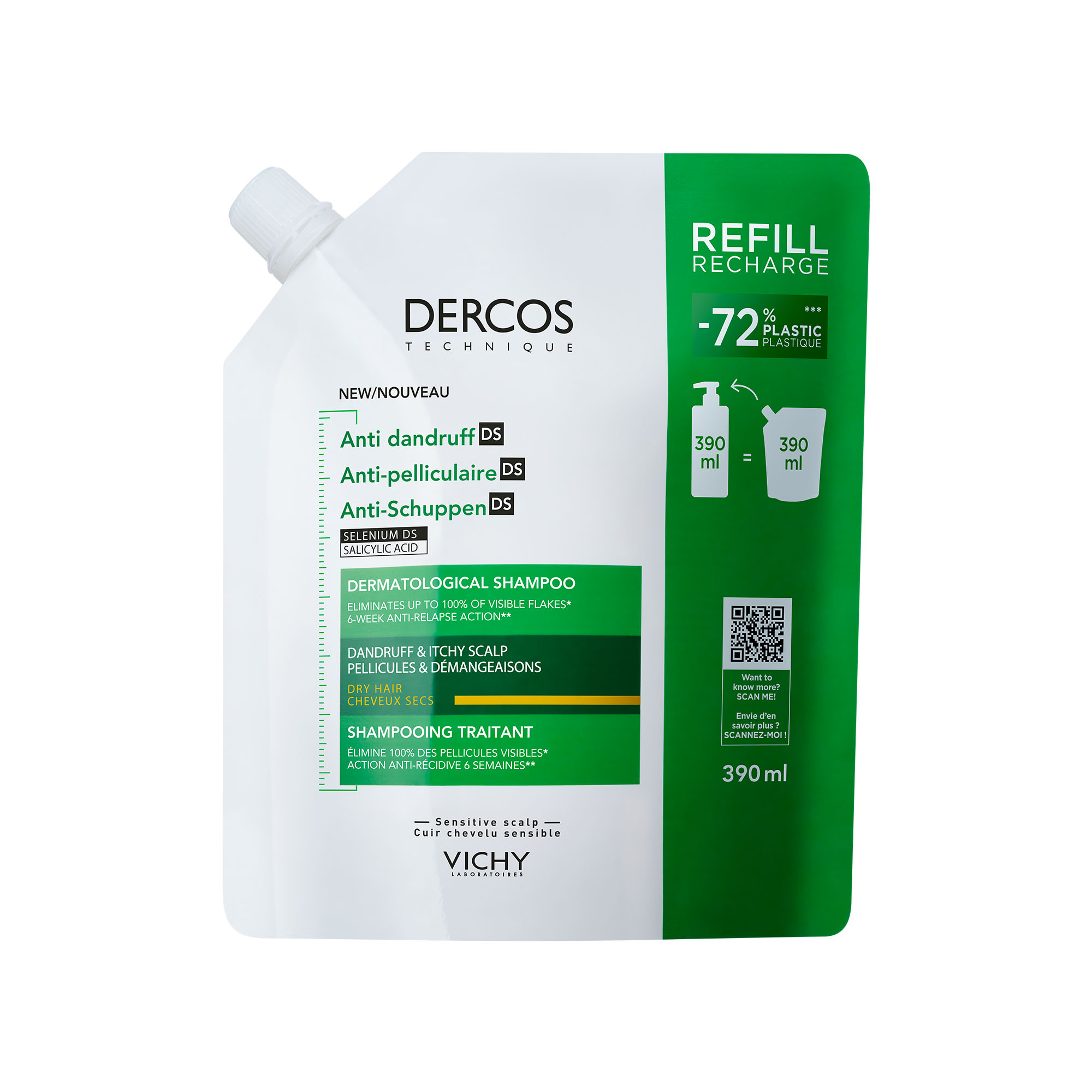 Vichy Dercos Technique - Shampoo Antiforfora Per Capelli Secchi Eco-Ricarica 390 ml