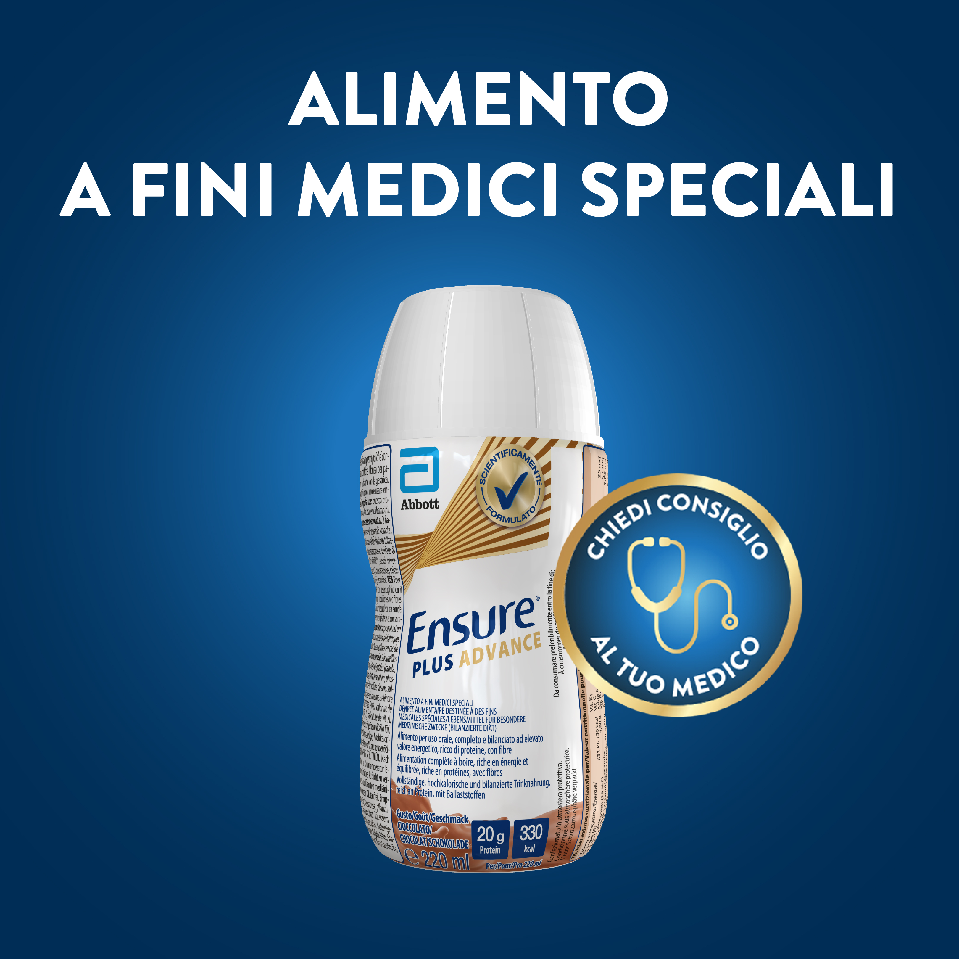 Ensure Plus Advance Alimento a Fini Medici Speciali Iperproteico ed Ipercalorico Cioccolato 4x220ml