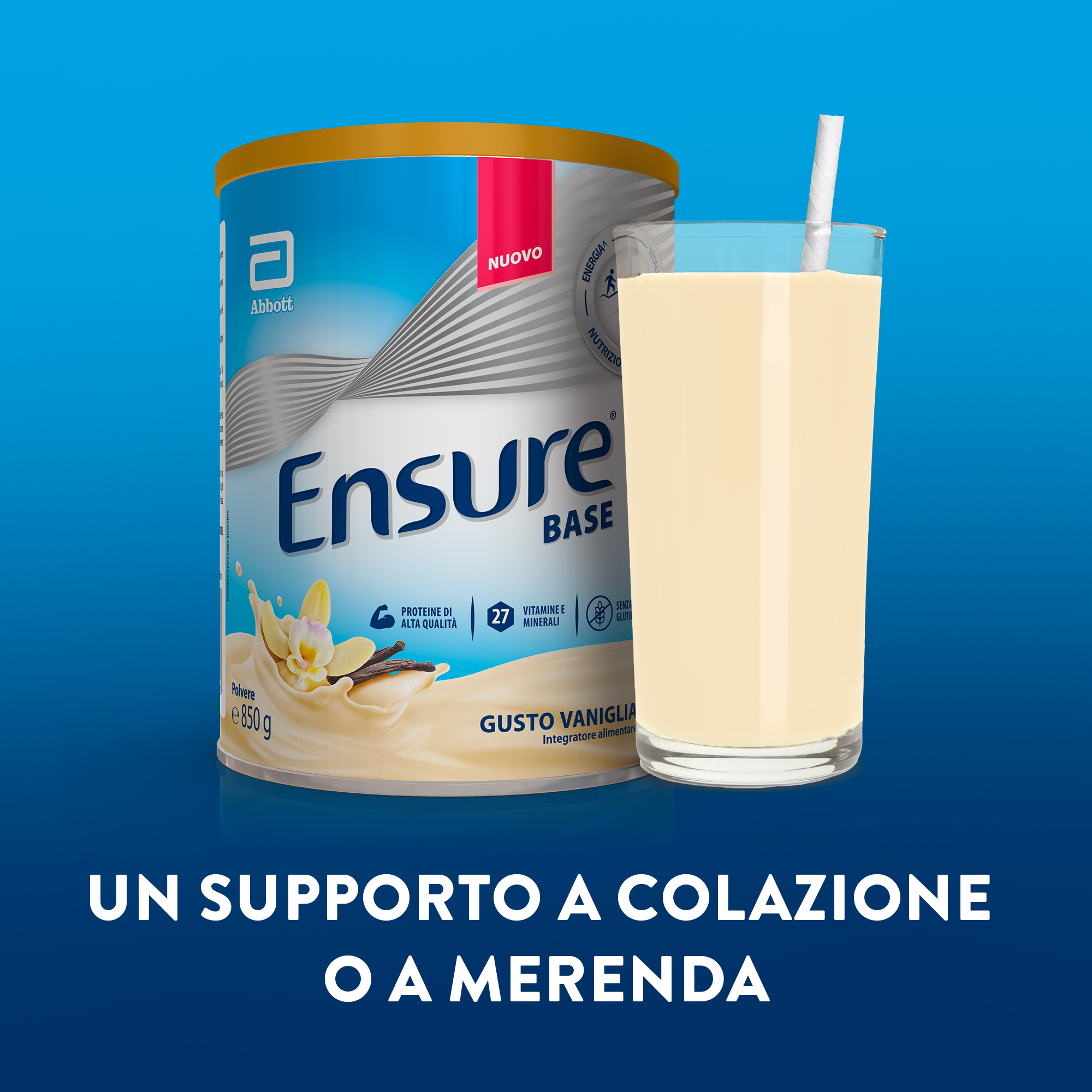 ABBOTT ENSURE BASE: Integratore alimentare che aiuta a sostenere le difese immunitarie e a contrastare stanchezza e affaticamento  - GUSTO VANIGLIA 850 gr 
