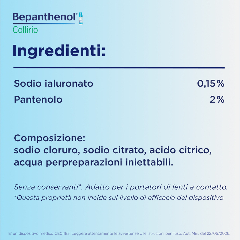 Bepanthenol Collirio 20 Fiale Da 0,5 ml - Trattamento Idratante Per Occhi Secchi