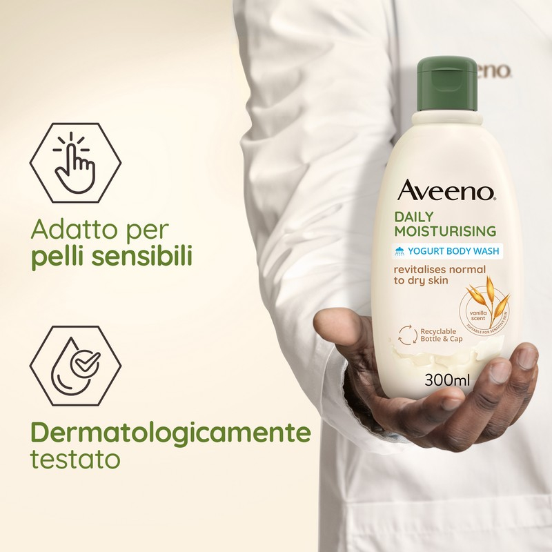Aveeno Bagnoschiuma Daily Moisturising, Bagnodoccia Idratante per Pelle Secca e Normale Senza Sapone, Yogurt Vaniglia e Avena 300 ml