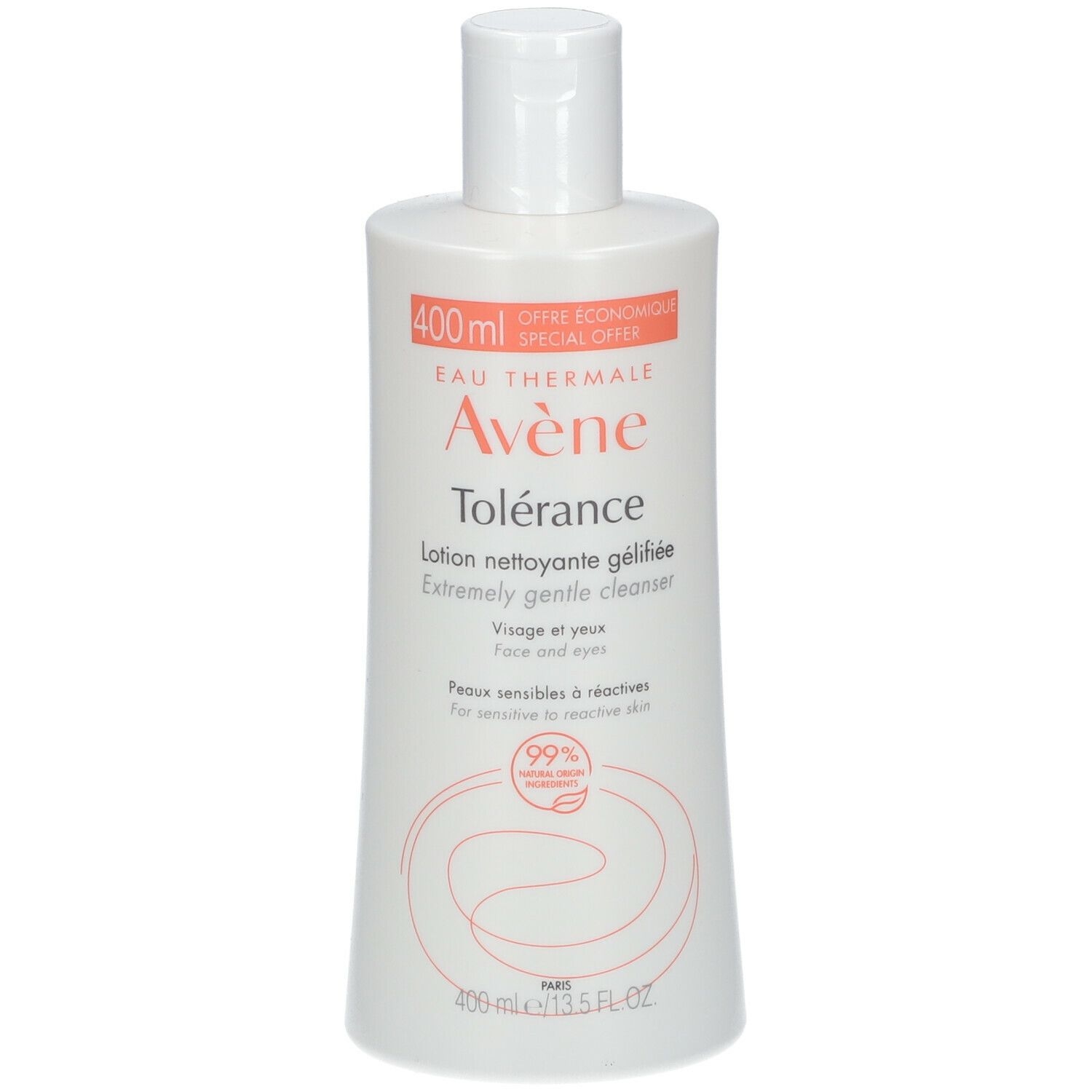 Eau Thermale Avène Tolérance Lozione Detergente in Gel, strucca delicatamente viso, occhi e labbra,  Pelle sensibile e reattiva, 400ml 