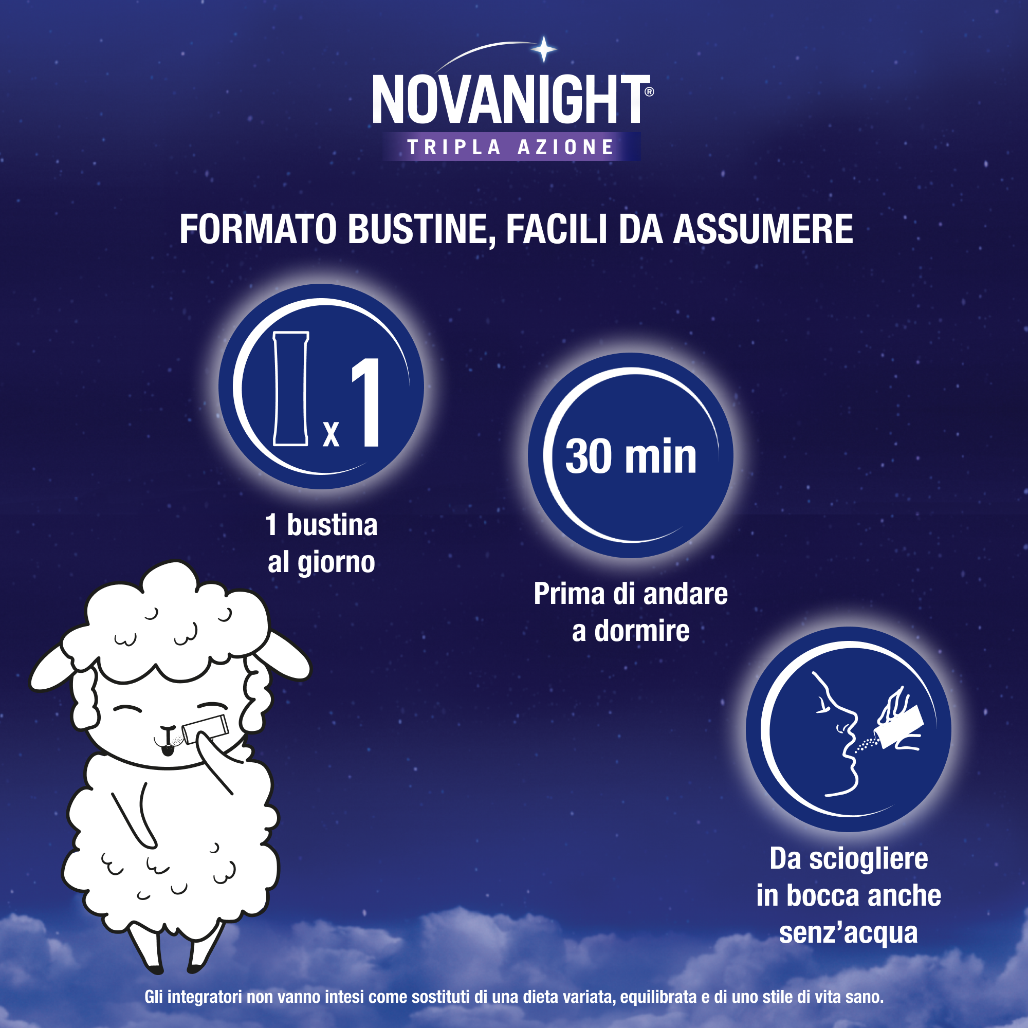NOVANIGHT Tripla Azione, Integratore Alimentare con Melatonina per Dormire, Magnesio e Griffonia, Senza Glutine, 20 Bustine Orosolubili al Gusto Camomilla e Agrumi
