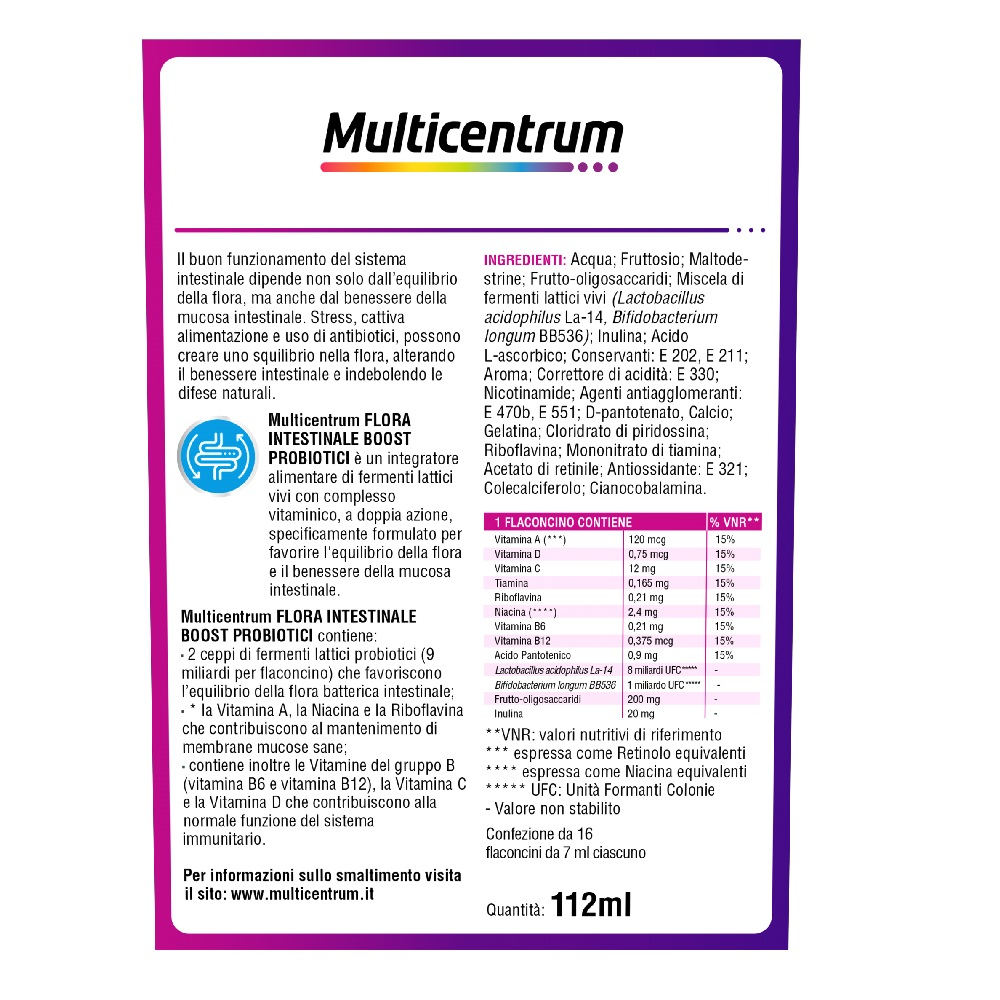 Multicentrum Flora Intestinale Boost Probiotici Integratore Fermenti Lattici Intestino 16 Flaconcini
