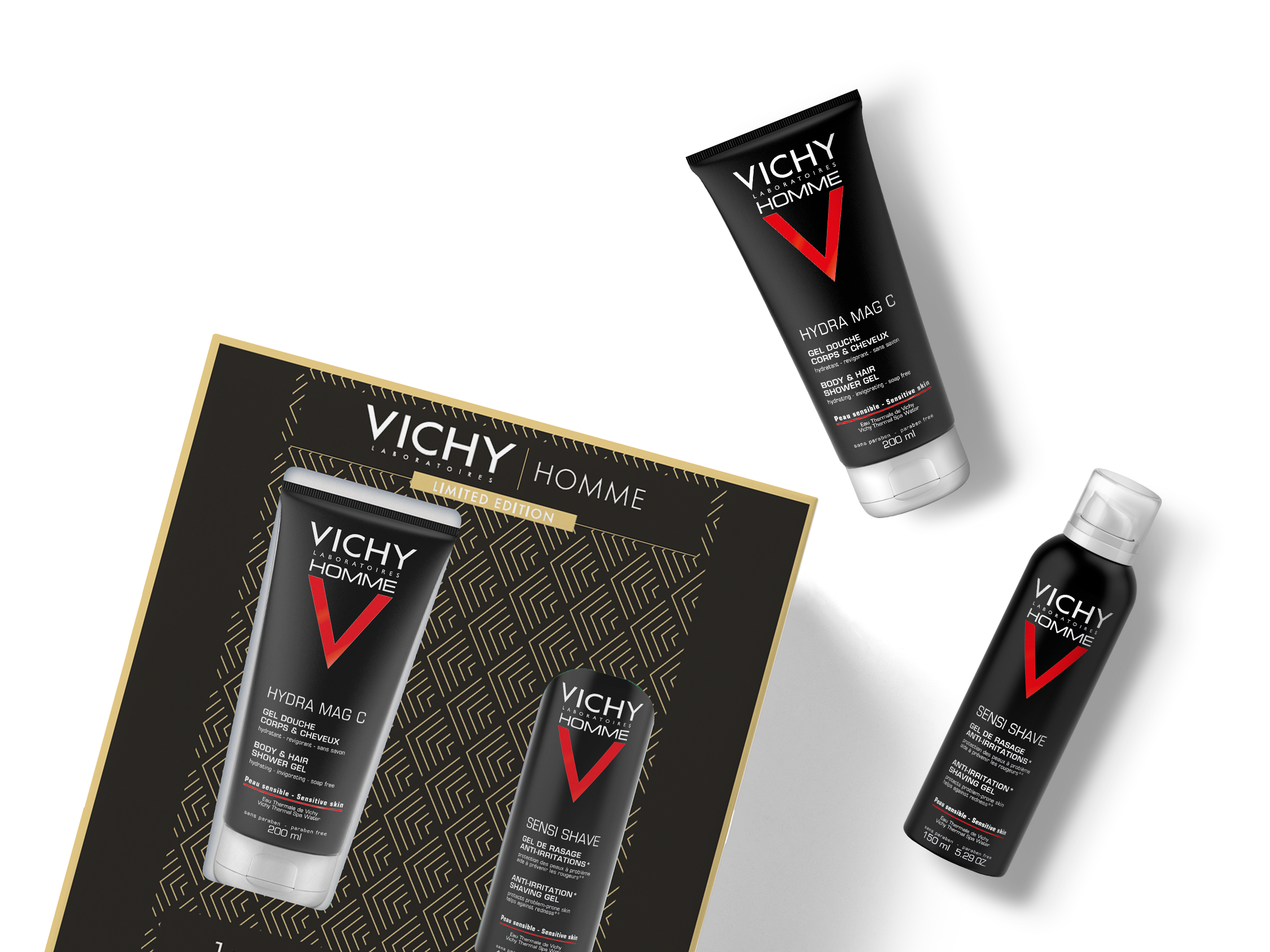 Vichy Cofanetto Regalo Natale Uomo Hydra Mag C Gel Doccia 200 ml + Sensi Shave Schiuma da Barba 20 ml