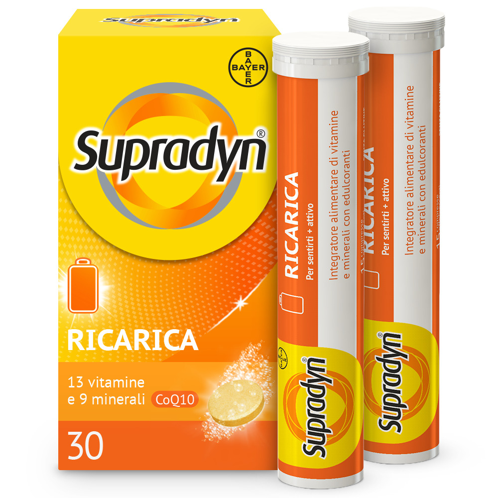 Supradyn Ricarica Integratore Multivitaminico Completo con Vitamine A, B, C, D, E, K, Minerali e Coenzima Q10 contro la Stanchezza, Gusto Arancia, 30 Compresse Effervescenti