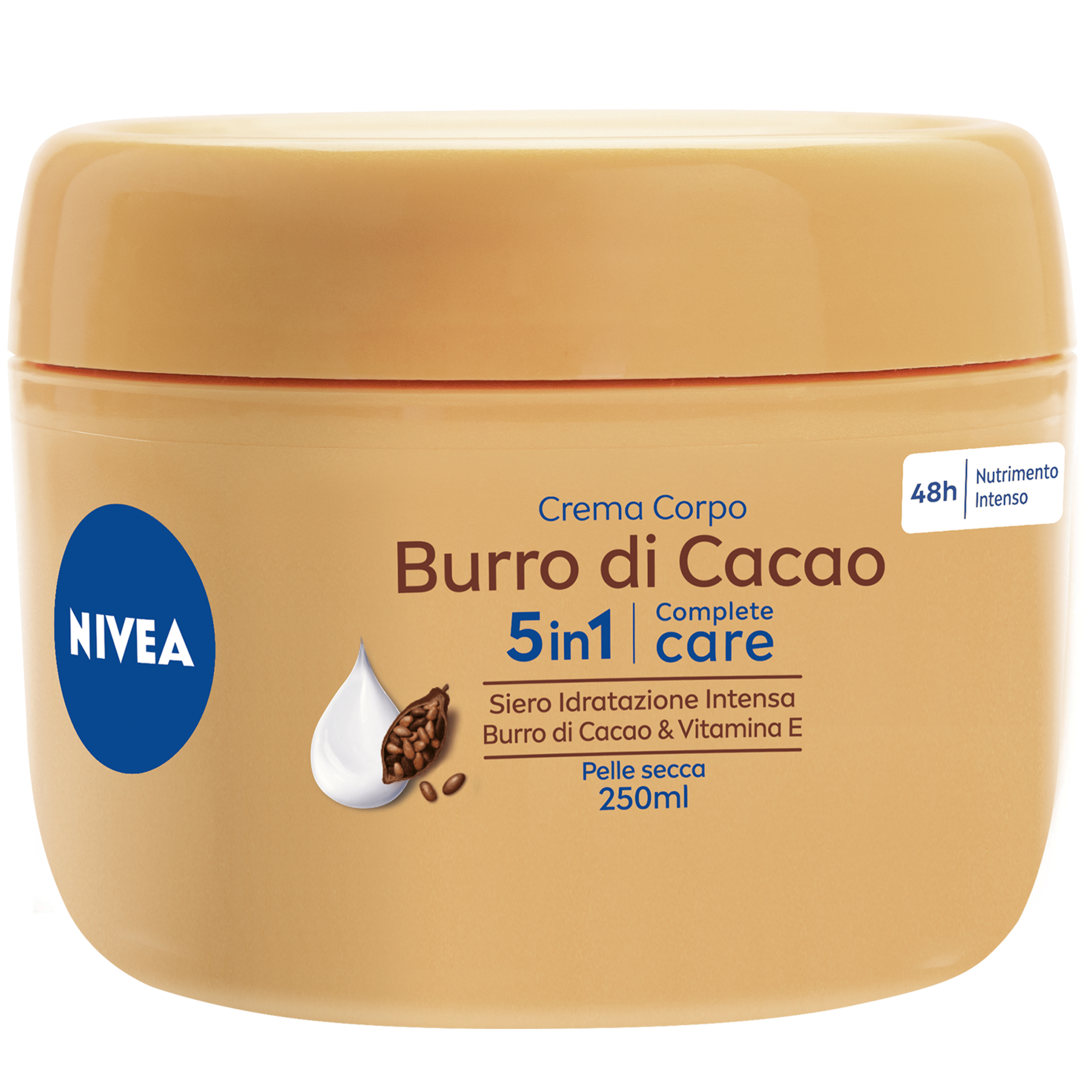 Nivea Crema Corpo Burro di Cacao 250 ml, Crema corpo idratante 48 ore per pelle secca arricchita