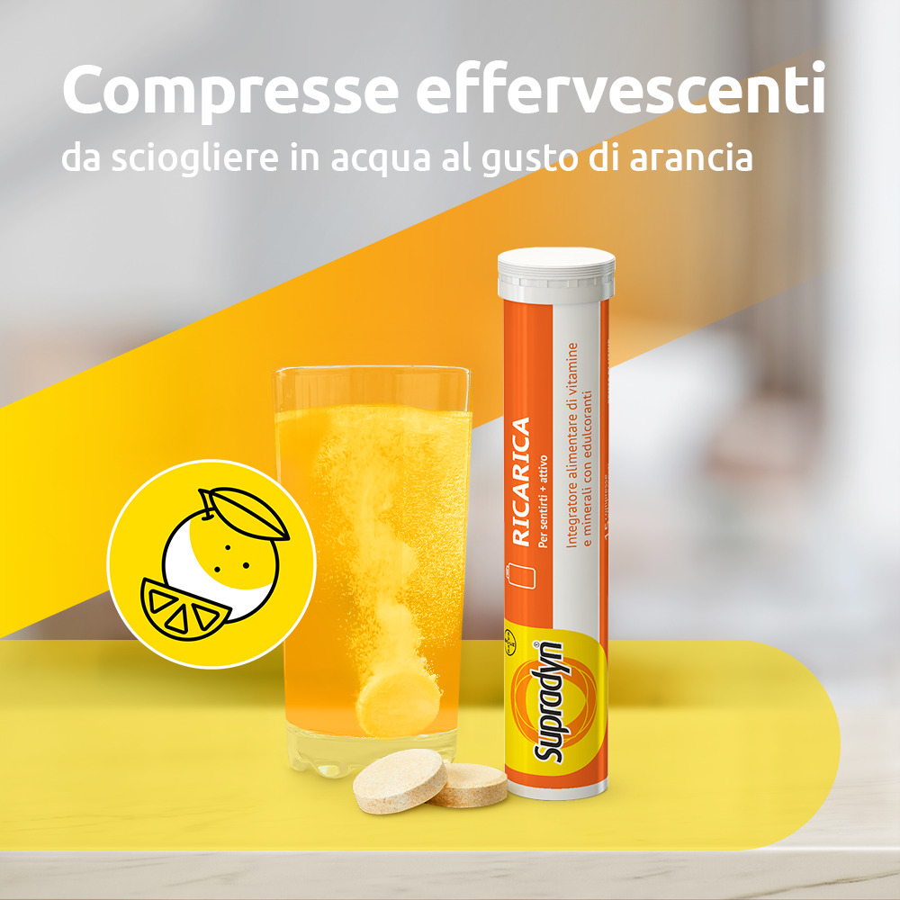Supradyn Ricarica Integratore Multivitaminico Completo con Vitamine A, B, C, D, E, K, Minerali e Coenzima Q10 contro la Stanchezza, Gusto Arancia, 30 Compresse Effervescenti